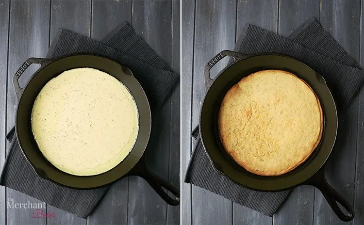 Side-by-side overhead image of Socca batter uncooked and cooked by themerchantbaker.com