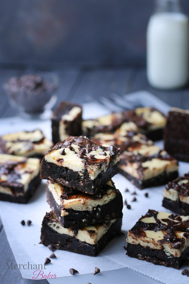 Three stacked brownies by themerchantbaker.com