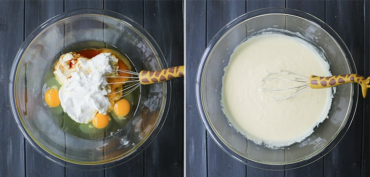 Two bowls, one showing eggs, yogurt, vanilla and olive oil in a mixing bowl and the other with the mixture combined