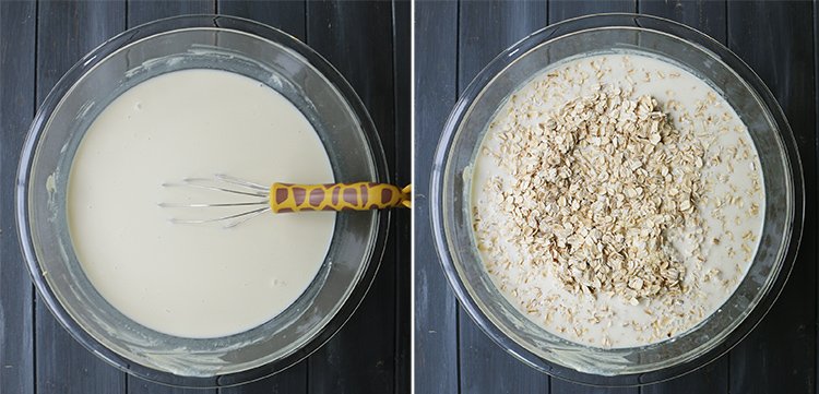 Two mixing bowls, one showing the milk and yogurt mixture, the other with oats floating on top of the mixture