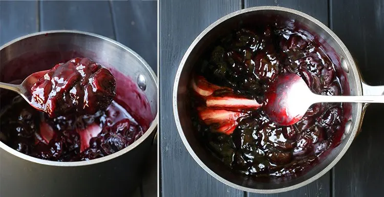 Two overhead photos showing the consistency of cherry pie filling using a spoon by themerchantbaker.com