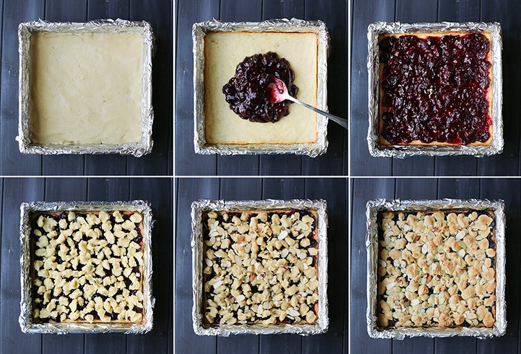 Six overhead photos showing the process of making Cherry Crumb Bars by themerchantbaker.com