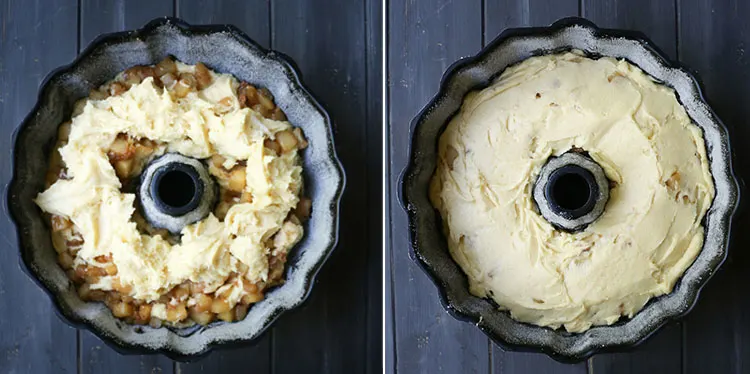 Two images showing the process of layering apples in a cake mix by themerchantbaker.com