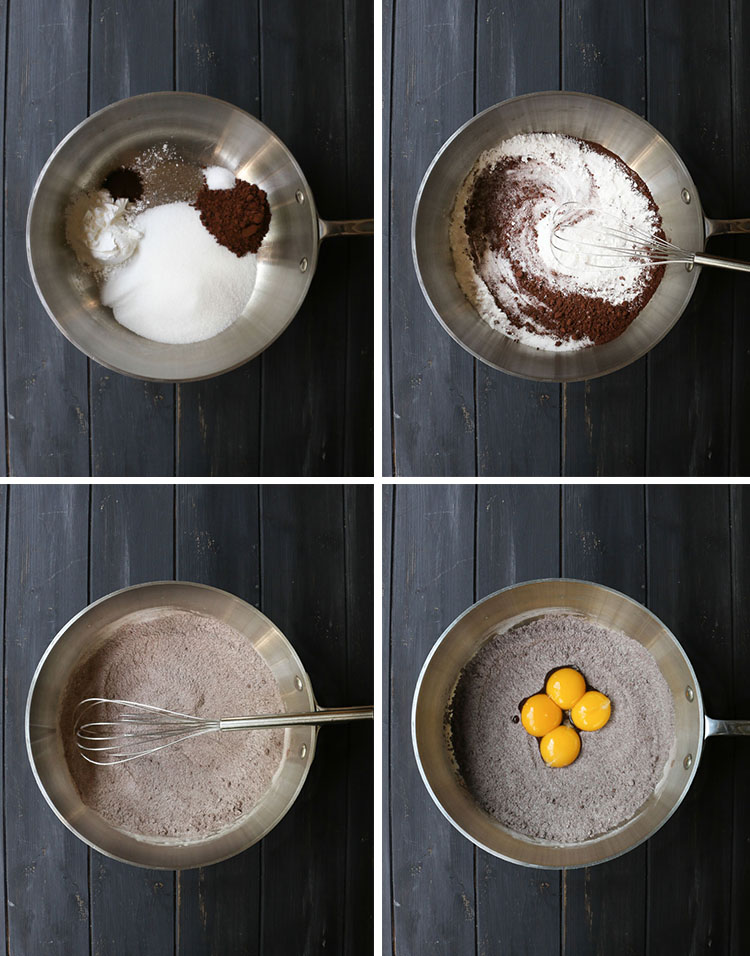 four shots of sauce pan showing the steps of adding dry ingredients, mixing them together and then adding egg yolkswith dry ingre