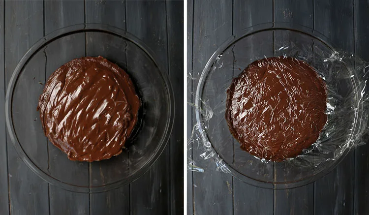 Bowl of chocolate cream pie filling with and without plastic wrap on top