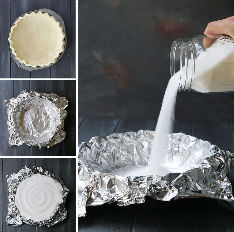 four photos of how to blind bake a pie crust showing unfilled crust, then filled with foil, pouring sugar into the crust and overhead shot of the sugar filled pie crust