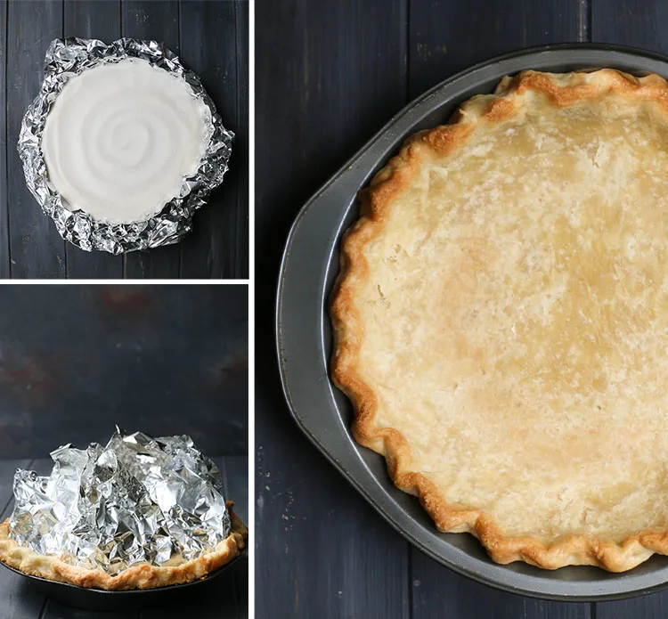 group of photos showing sugar filled crust, the foil being gathered up to be removed and a finished blind baked pie crust