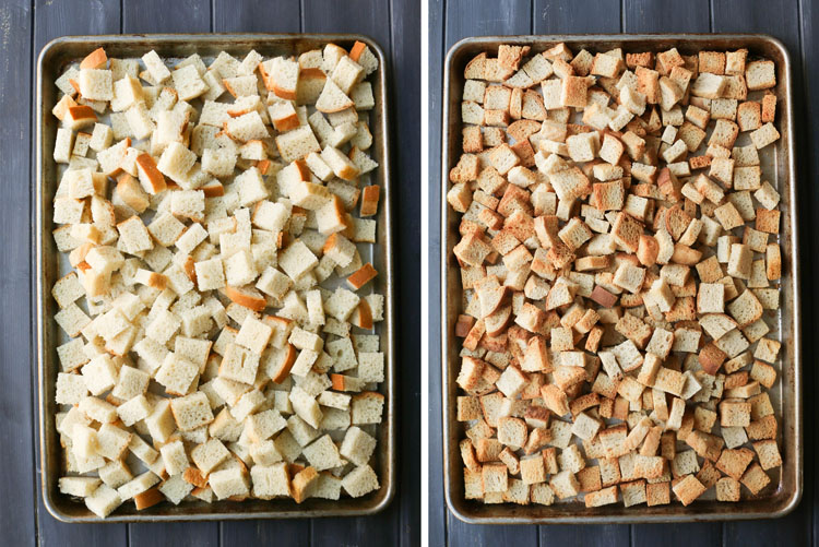 Fresh bread cubes on a sheet pan before and after baking