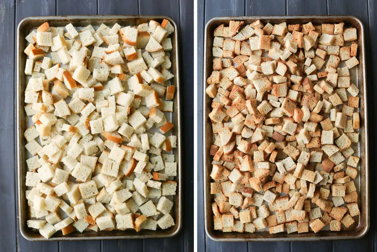 Fresh bread cubes on a sheet pan before and after baking