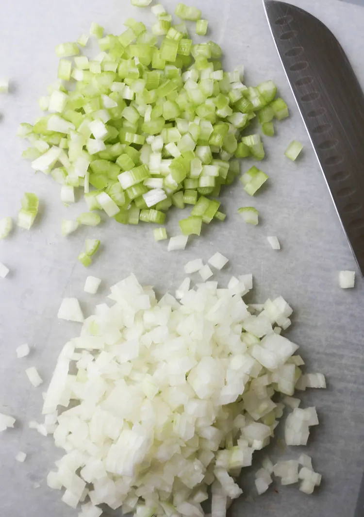 piles of finely chopped celery and onion