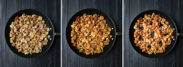 Three photos of stuffing in a skillet. One cold, one golden and reheated and one with open wells in it