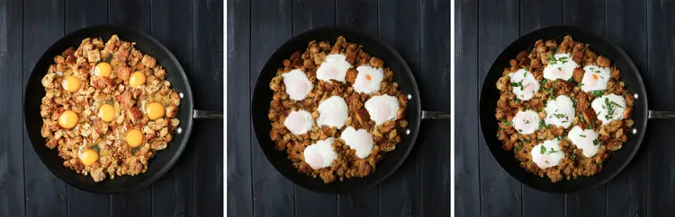 three photos of leftover stuffing breakfast skillet, one with uncooked eggs in the wells, one with cooked eggs and one with top garnished with chopped parsley