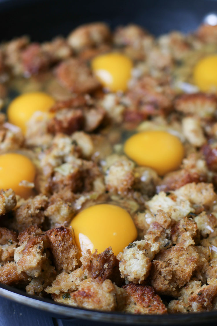 close up of raw eggs sitting in the stuffing wells 