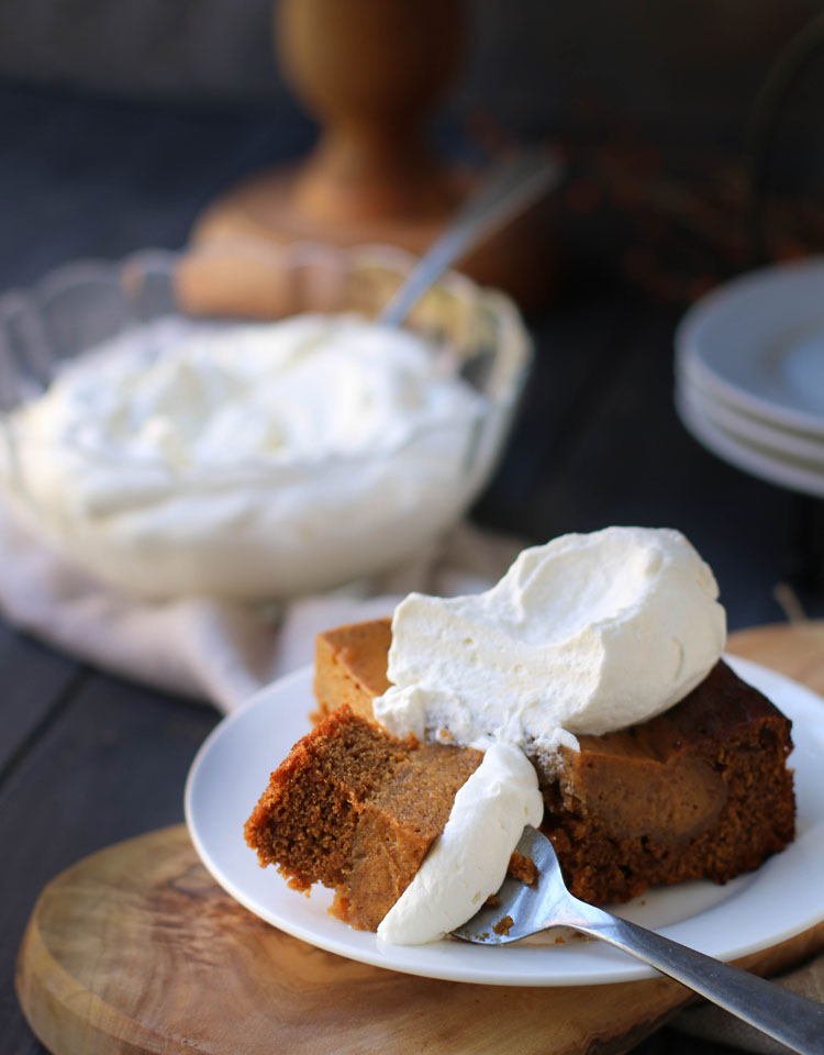 photo of a fork with a bite of pumpkin pie gingerbread on it