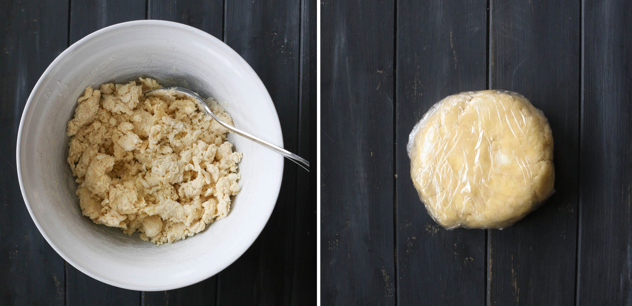 side by side photos of shaggy dough in mixing bowl and disc of dough wrapped in plastic