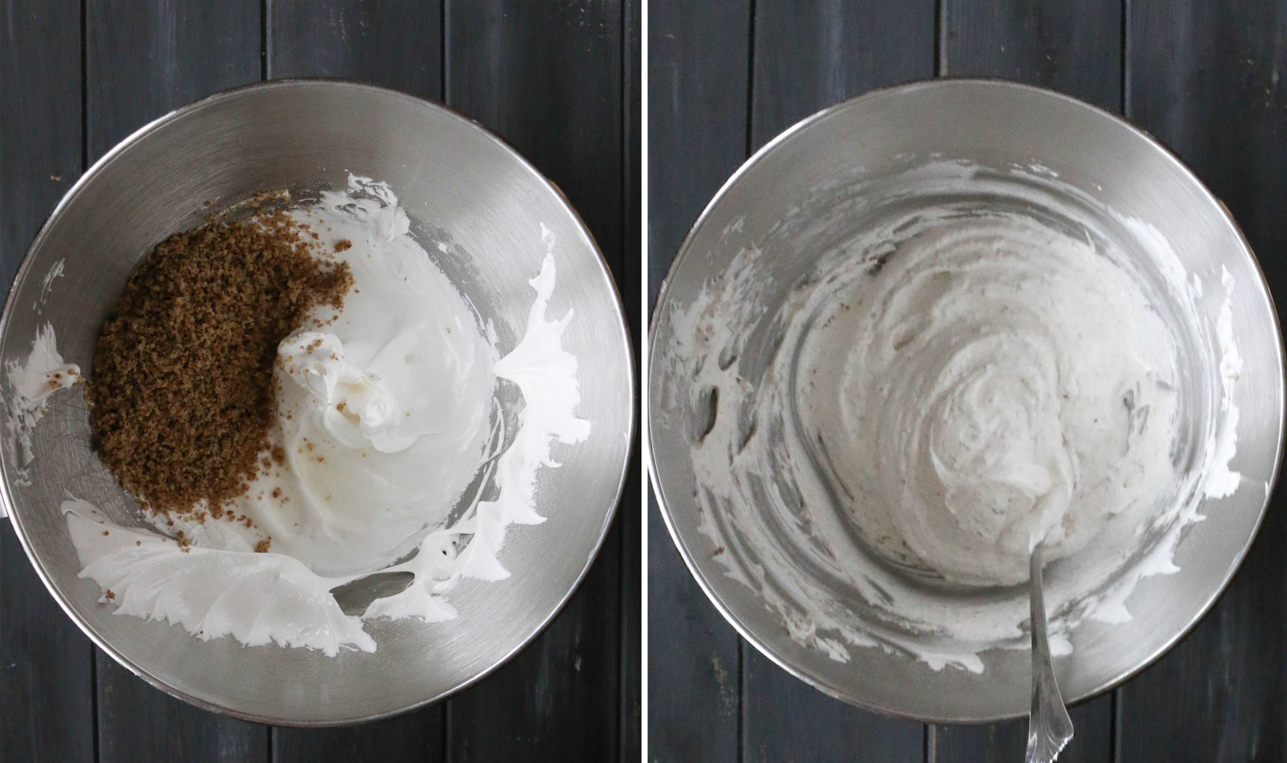 mixing bowls showing the nuts before and after getting mixed into the meringue