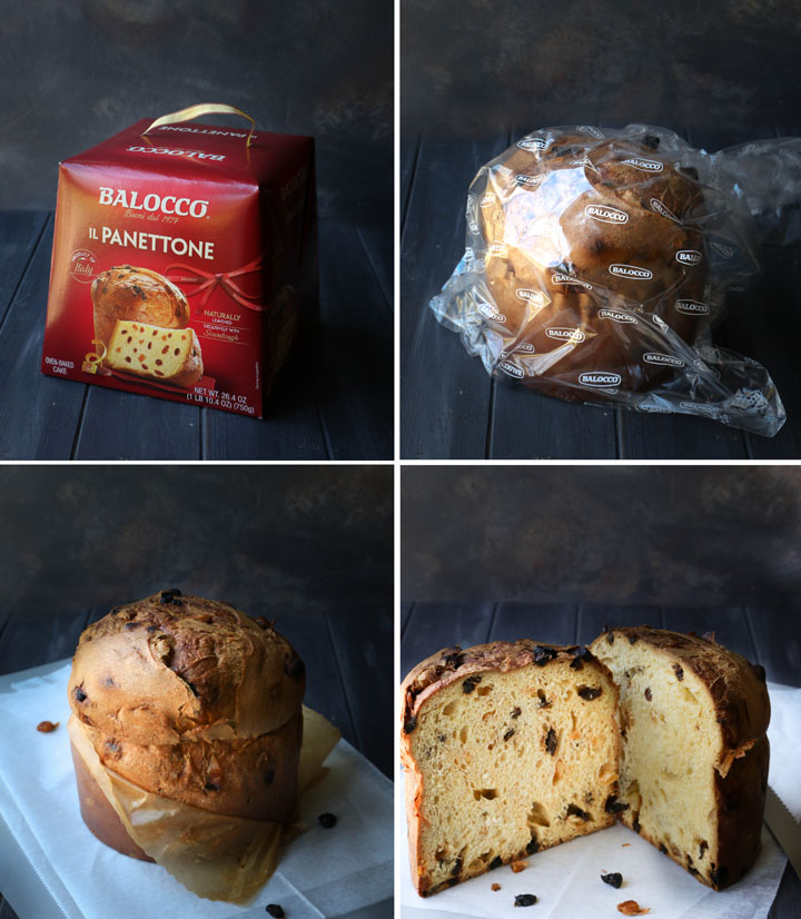 four photos showing panettone in the box, then in it's bag, with the baking paper being pulled off and finally sliced in half