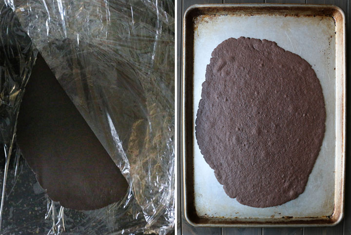 chocolate cookie base before and after baking