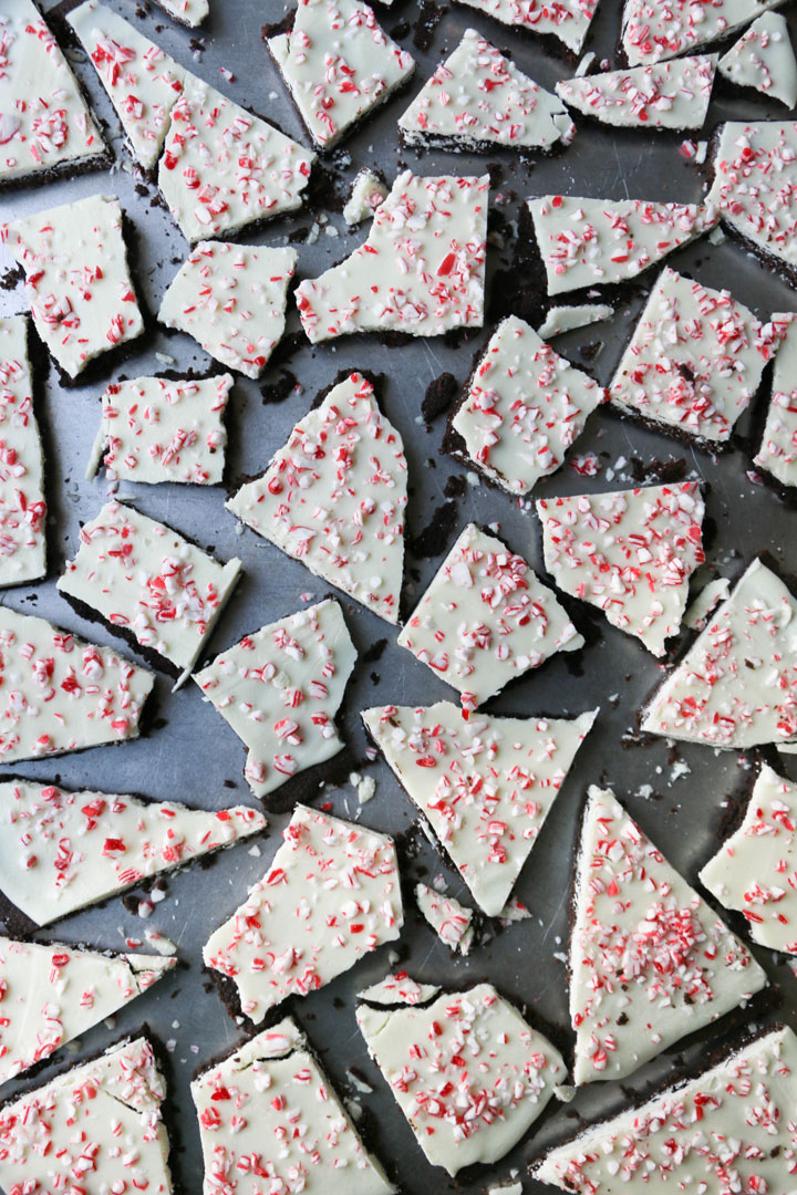 overhead view of peppermint chocolate cookie bark on a baking sheet