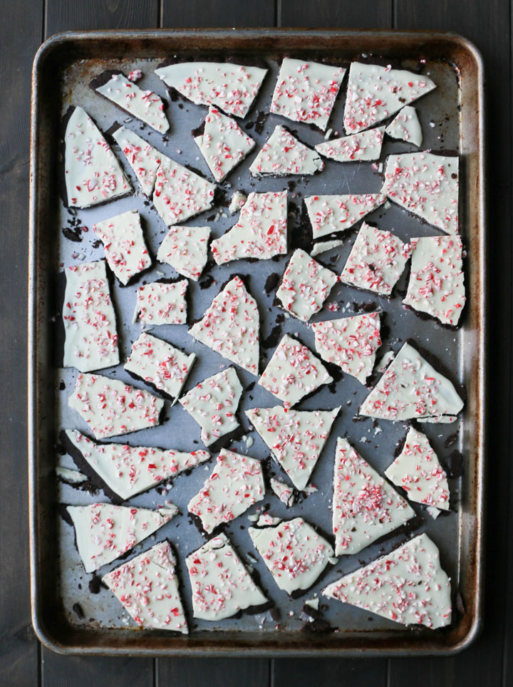 overhead view of peppermint chocolate cookie bark on a baking sheet