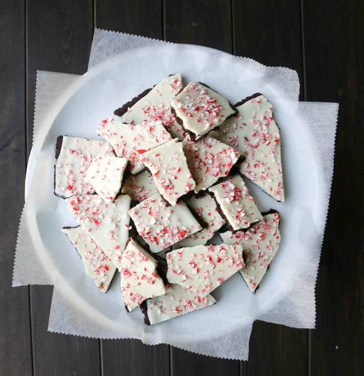 overhead view of a plate with peppermint chocolate cookie bark pieces