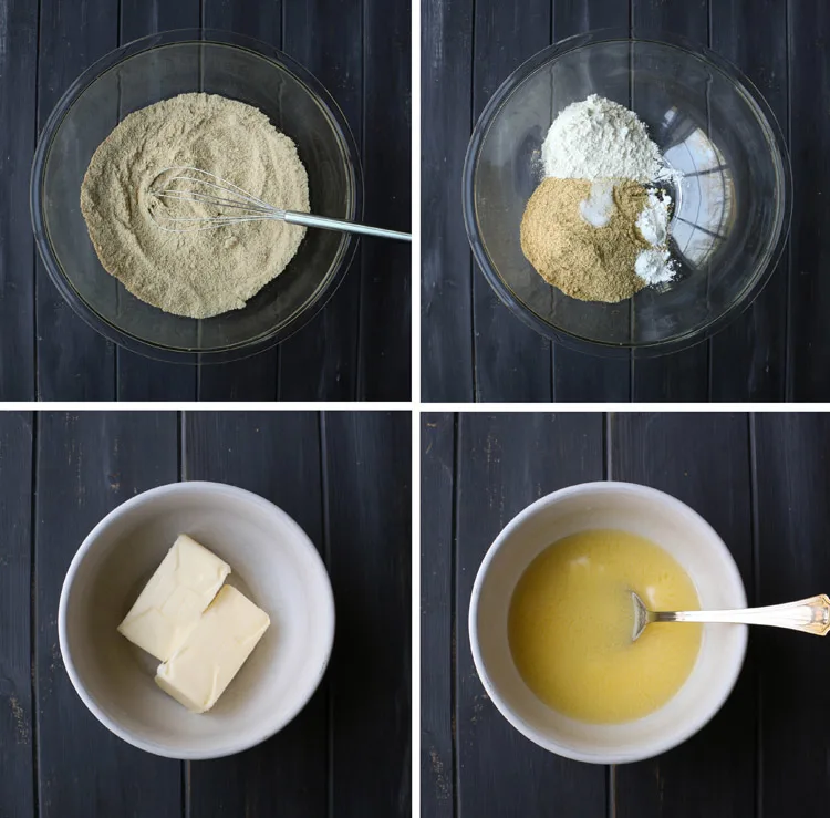 four photos, one with graham cracker crumbs, one with crumbs with added dry ingredients, one with sticks of butter in a bowl, one with melted butter in a white bowl