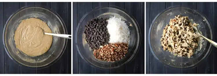 Trio of pictures, one with batter in a glass bowl, one with chocolate chips, pecans and coconut on top, one with all topping mixed into the batter