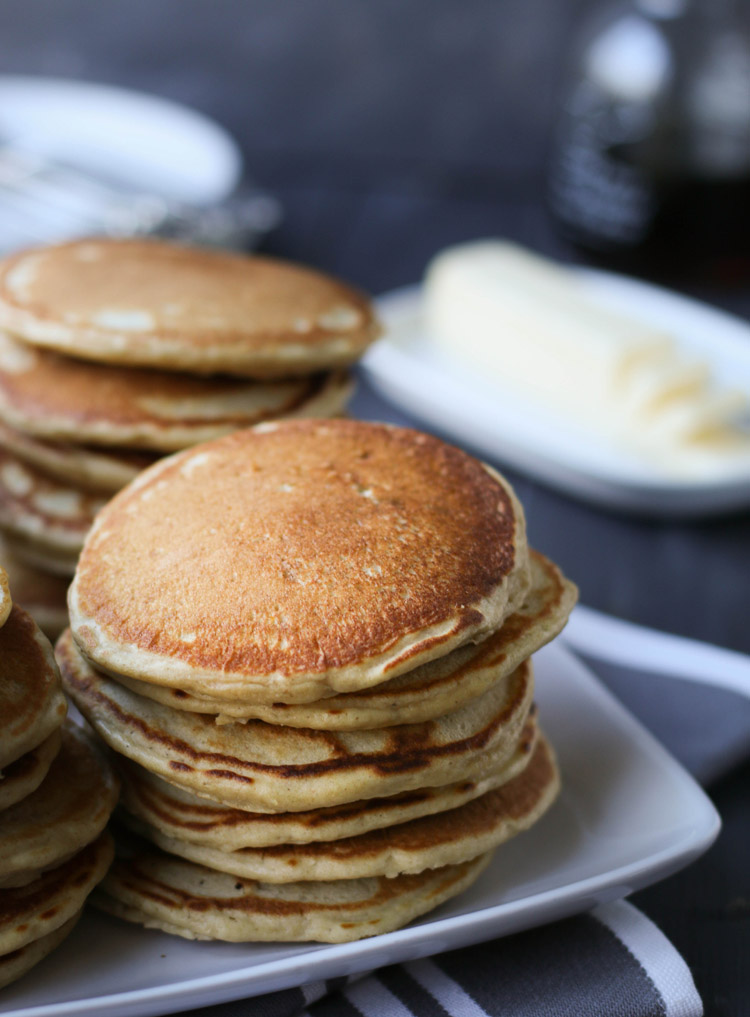 close up of a stack of Big Batch Protein Pancakes