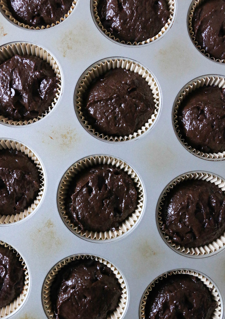 Overhead close up of chocolate muffin batter in muffin pan