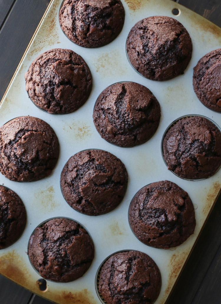 Overhead view of baked chocolate muffins in a muffin pan