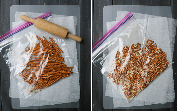 thin pretzel stick in a plastic bag with a rolling pin showing them whole and then broken up