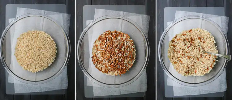 3 overhead shots: one with rice krispie cereal, one with rice krispie cereal with broken up stick pretzel on top, and one with the pretzel pieces and cereal mixed