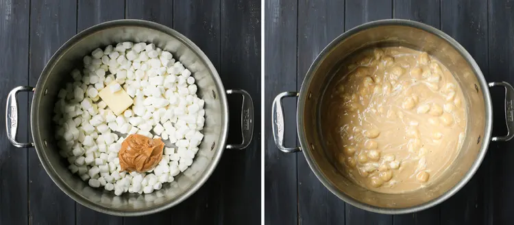 overhead of two pots, one with uncooked marshmallows, butter and peanut butter and an after cooking shot with the whole mixture melted.