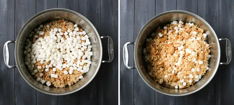 overhead view of marshmallow cereal mixture with additional marshmallows and then spoonfuls of peanut butter added on top