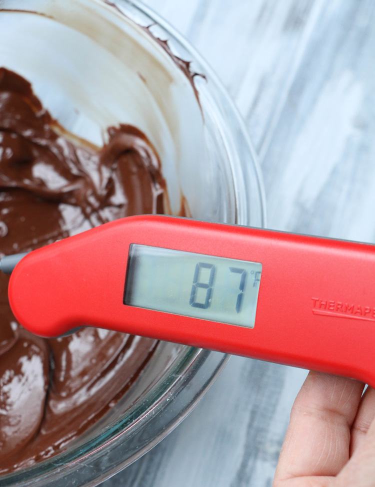Temperature gauge showing the temperature of melted chocolate.