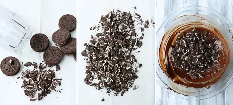 Three images showing the peppermint cookies whole, crushed, and placed in a bowl melted dark chocolate.