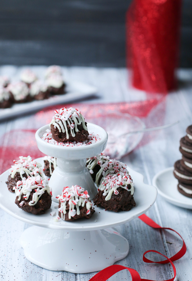 Peppermint Cookie Clusters stacked on a pedestal.