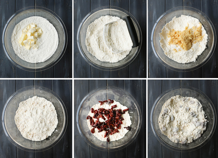 An overhead photo of the six step process of ingredients being added to a bowl to make Cherry Almond Scones including cutting in the cold butter with a pastry blender