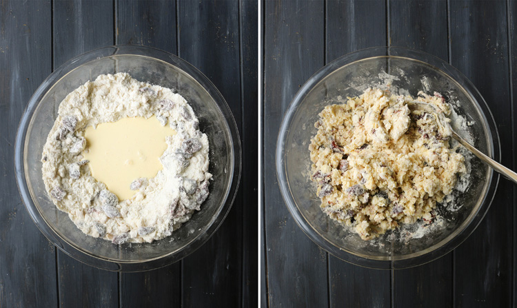 An overhead photo of wet and dry ingredients before and after being mixed.