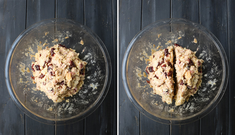 An overhead photo of raw Cherry Almond Scones dough in a glass bowl.