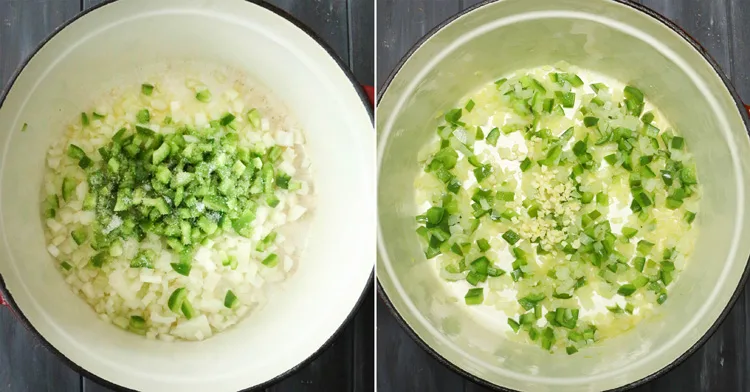 An overhead photo of onions and peppers being suttee in a Dutch oven.