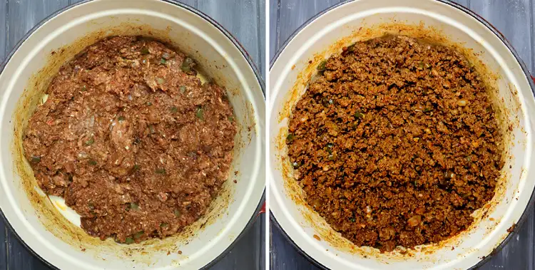 An overhead photo of cooked ground turkey with spices, onions and peppers to make big batch turkey chili