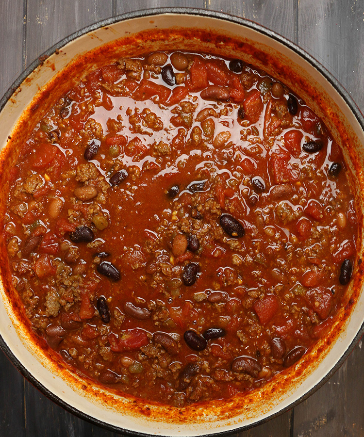 An overhead photo of  Turkey Chili in a large stock pot